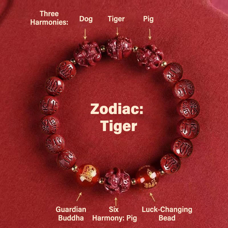 FuAttract  Balance Luck Inner Strength Chinese Zodiac Om Mani Mantra Cinnabar Red Agate Bracelet  - Akasagarbha – Tiger - 10mm - image 14