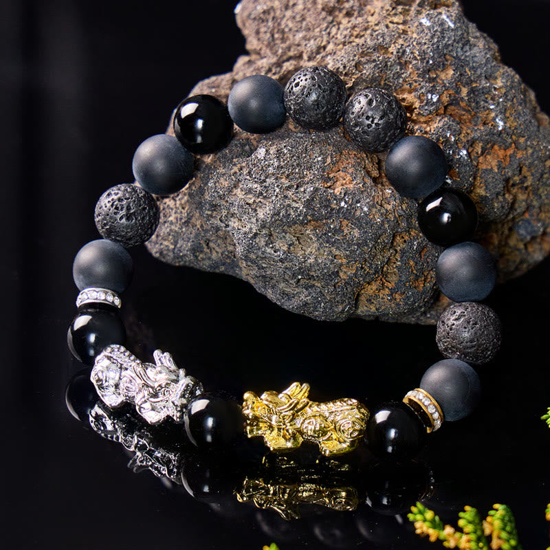 FuAttract Balance Protection & Grounding Black Onyx Obsidian Lava Rock Pixiu Bracelet  - image 1