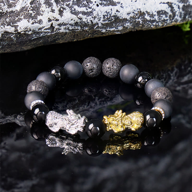 FuAttract Balance Protection & Grounding Black Onyx Obsidian Lava Rock Pixiu Bracelet  - 10mm - image 0