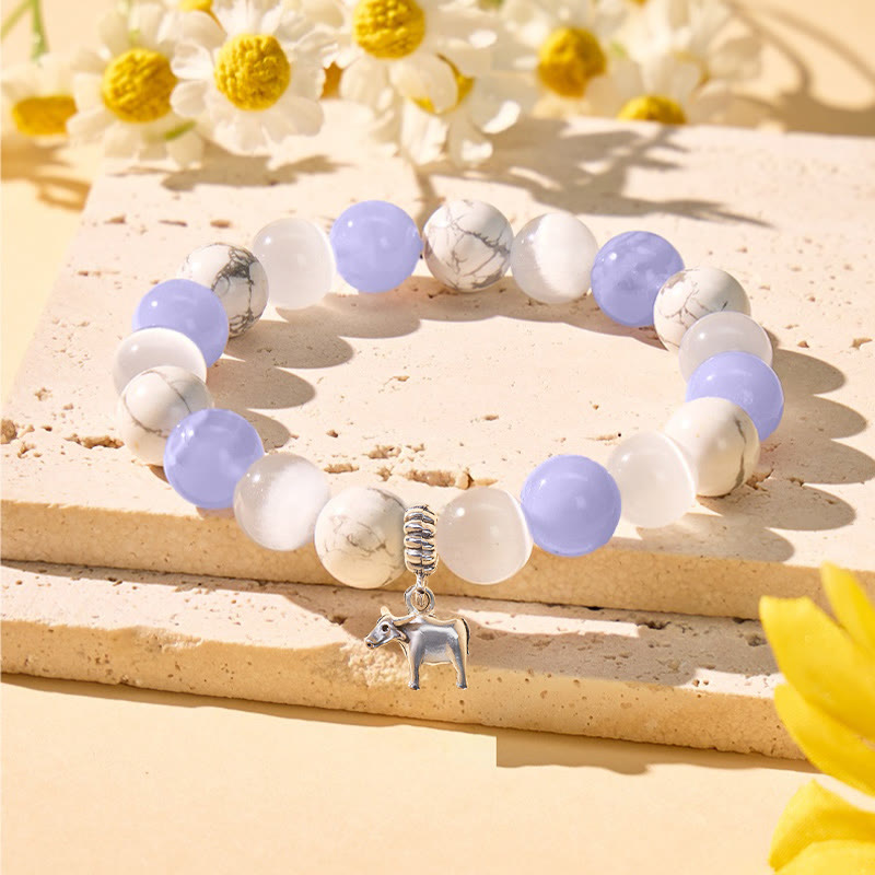 FuAttract Calm & Focus Blue Lace Agate White Turquoise Cat's Eye Chinese Zodiac Bracelet - Ox - image 14