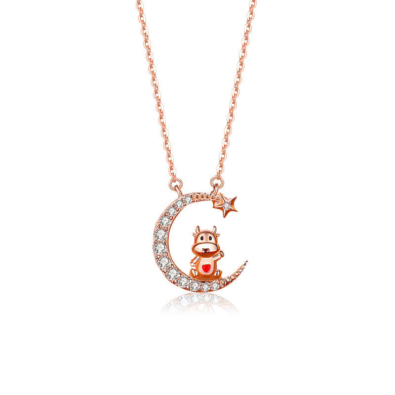 FuAttract Calm & Luck Crescent Moon Silver Zircon Chinese Zodiac Necklace With Horse Earrings - Ox Necklace - image 20