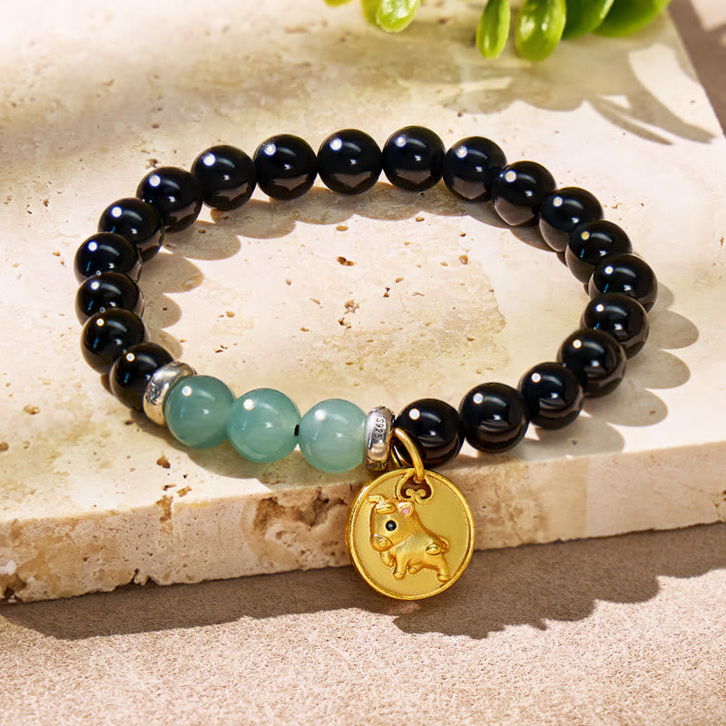 FuAttract Balance Protection Chinese Zodiac Black Onyx & Blue Chalcedony Bracelet - Ox - image 0