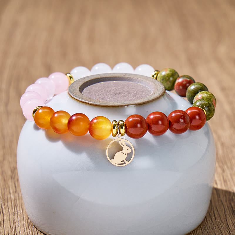 FuAttract Grounding & Growth Chinese Zodiac Rose Quartz White Jade Unakite Red Wood Grain Bracelet  - image 3