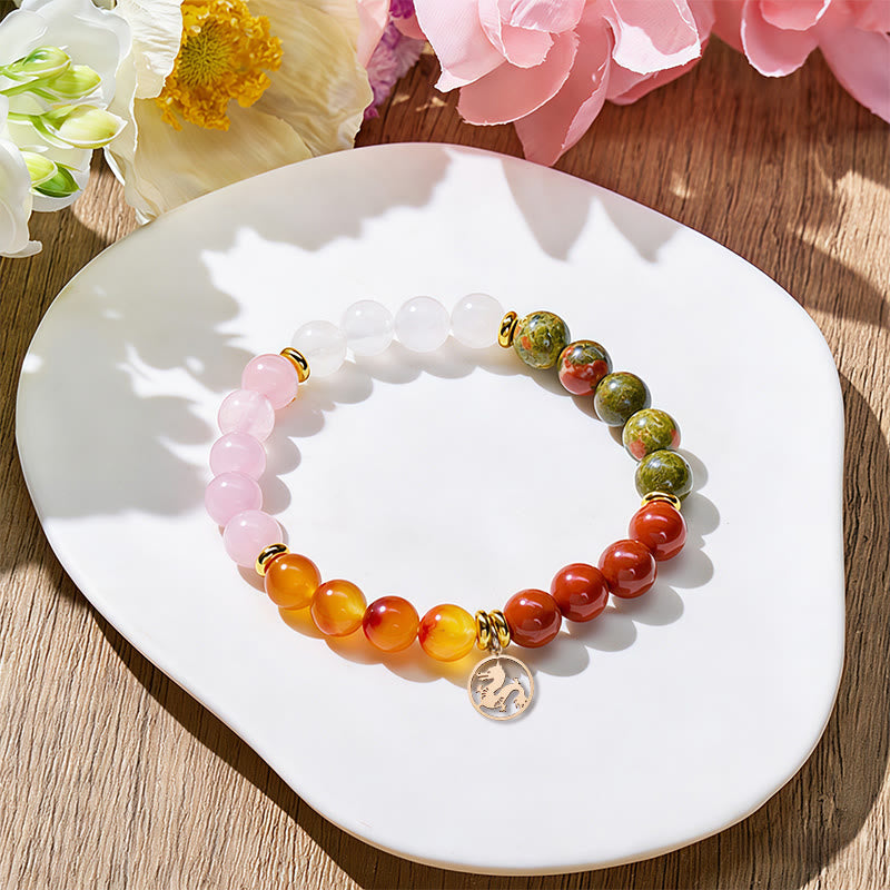 FuAttract Grounding & Growth Chinese Zodiac Rose Quartz White Jade Unakite Red Wood Grain Bracelet  - Dragon - image 16