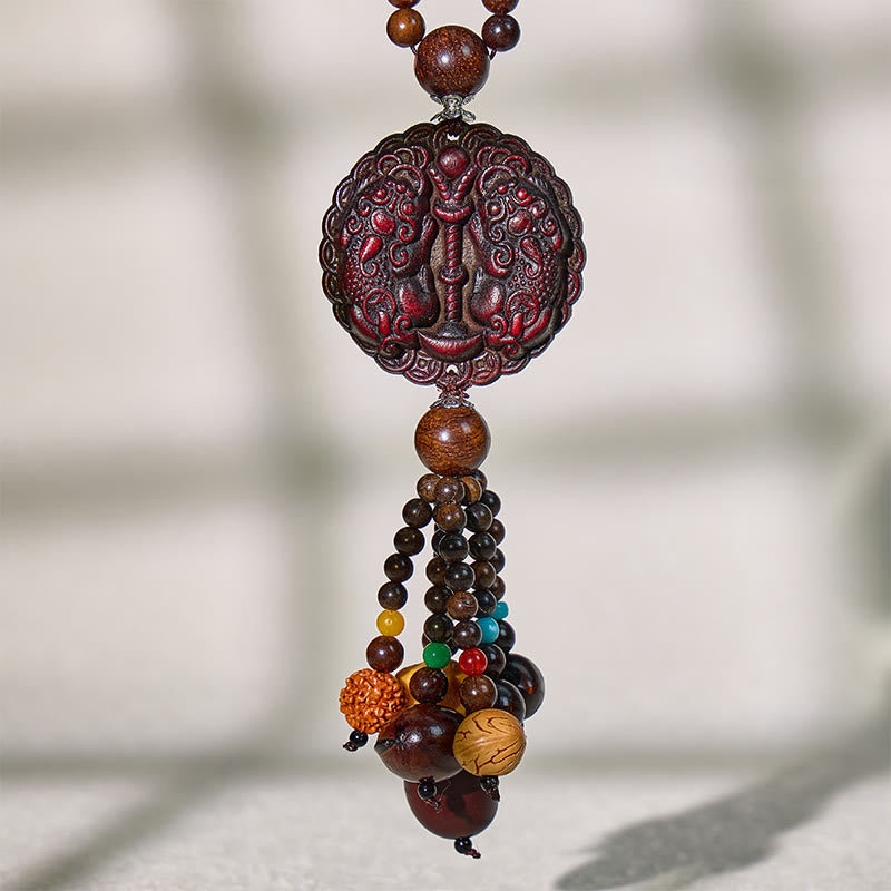 FuAttract Peach Wood Pixiu Car Hanging Decor – Protection & Wealth Flow Bodhi Seed Tassel - image 1