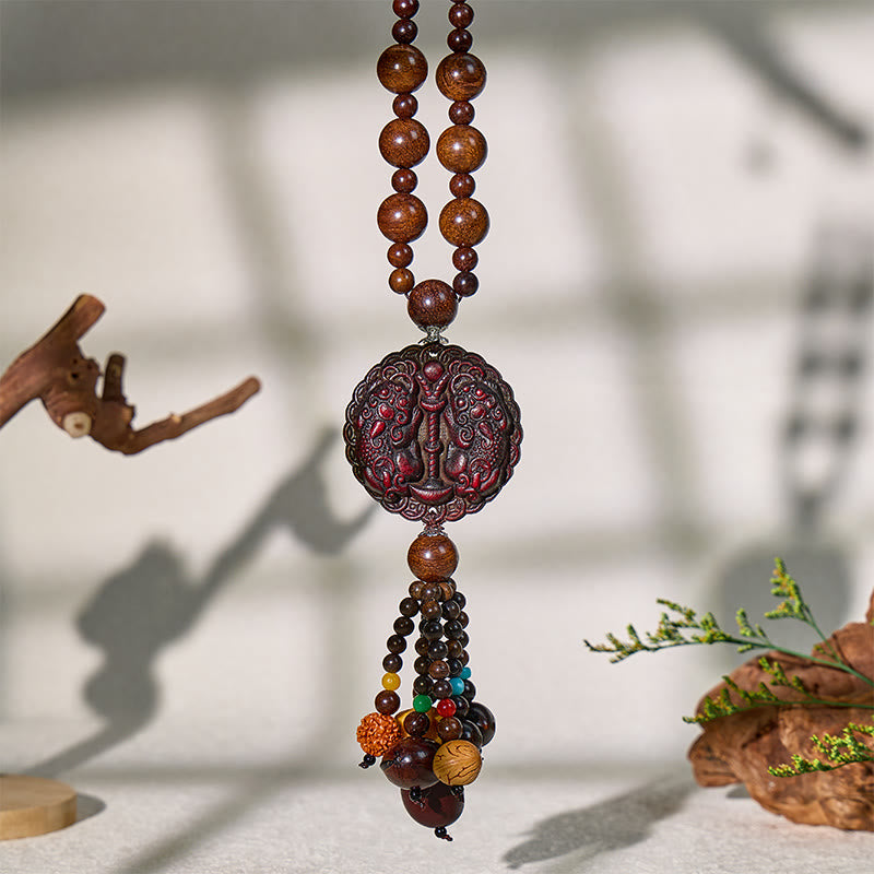 FuAttract Peach Wood Pixiu Car Hanging Decor – Protection & Wealth Flow Bodhi Seed Tassel - Bodhi - image 0