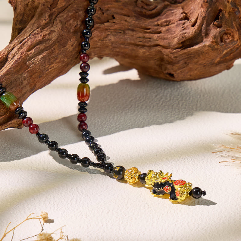 FuAttract Peacock Agate Black Onyx Pixiu Mantra Necklace – Protection & Wealth Energy - Pixiu - image 0