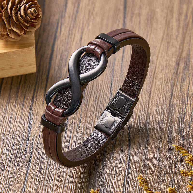 FuAttract Strength Endurance Infinity Leather Stainless Steel Bracelet  - Brown - 23cm - image 0