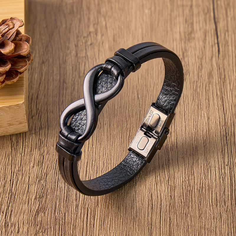 FuAttract Strength Endurance Infinity Leather Stainless Steel Bracelet  - Black - 23cm - image 7