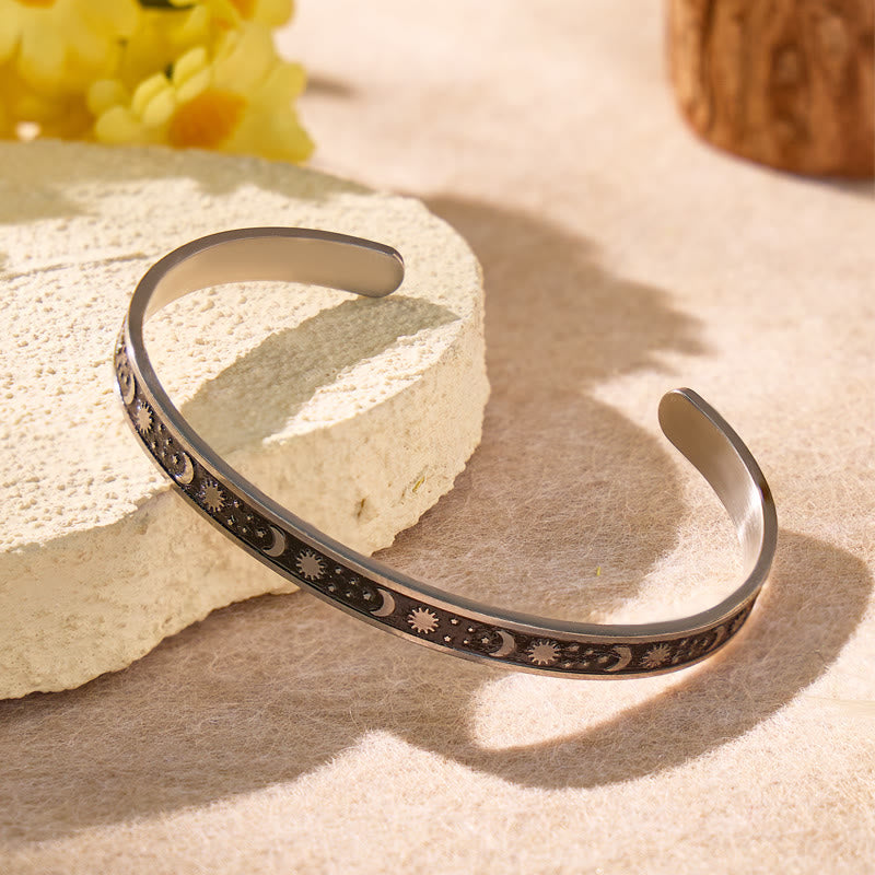 FuAttract Balance & Calm Energy Bracelet – Sun Crescent Moon Engraved Stainless Steel Cuff - image 1