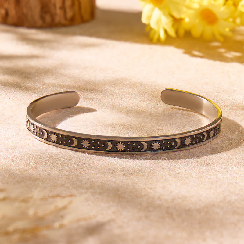 FuAttract Balance & Calm Energy Bracelet – Sun Crescent Moon Engraved Stainless Steel Cuff - Sun & Moon - image 0