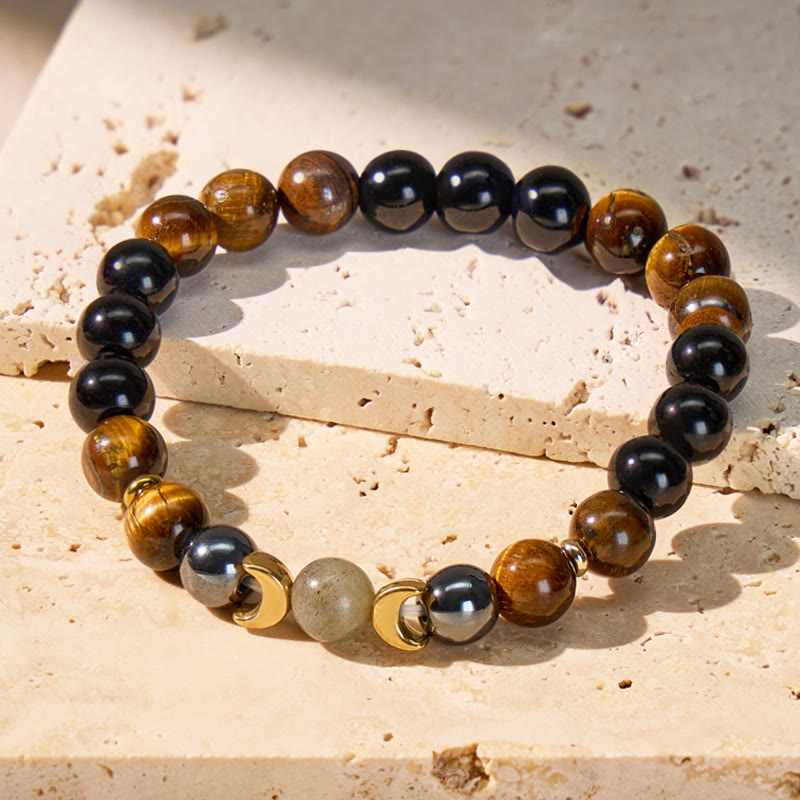 FuAttract Courage Protection Focus & Calm Crescent Moon Tiger's Eye Black Obsidian Bracelet - 8mm - image 0