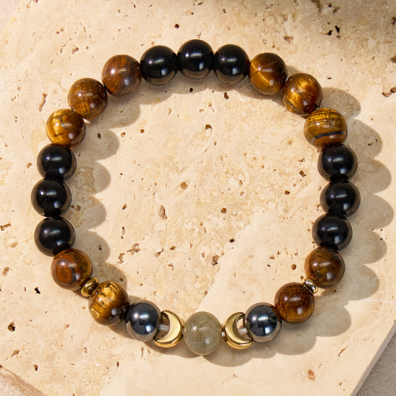FuAttract Courage Protection Focus & Calm Crescent Moon Tiger's Eye Black Obsidian Bracelet - image 1