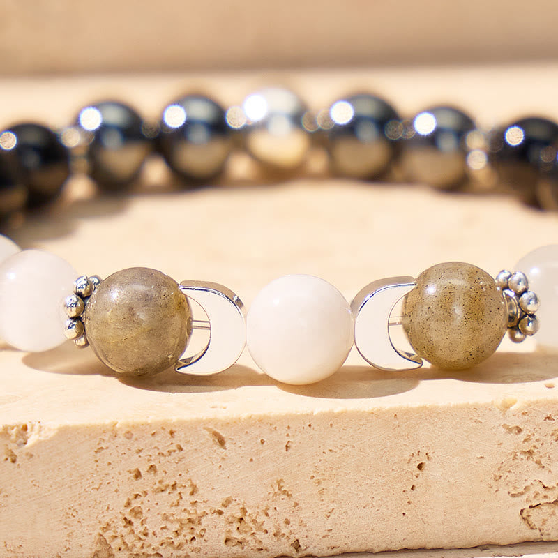 FuAttract Focus Protection Intuition Crescent Moon Cat's Eye Black Obsidian Moonstone Bracelet - image 4