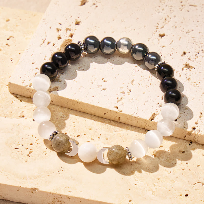 FuAttract Focus Protection Intuition Crescent Moon Cat's Eye Black Obsidian Moonstone Bracelet - 8mm - image 0