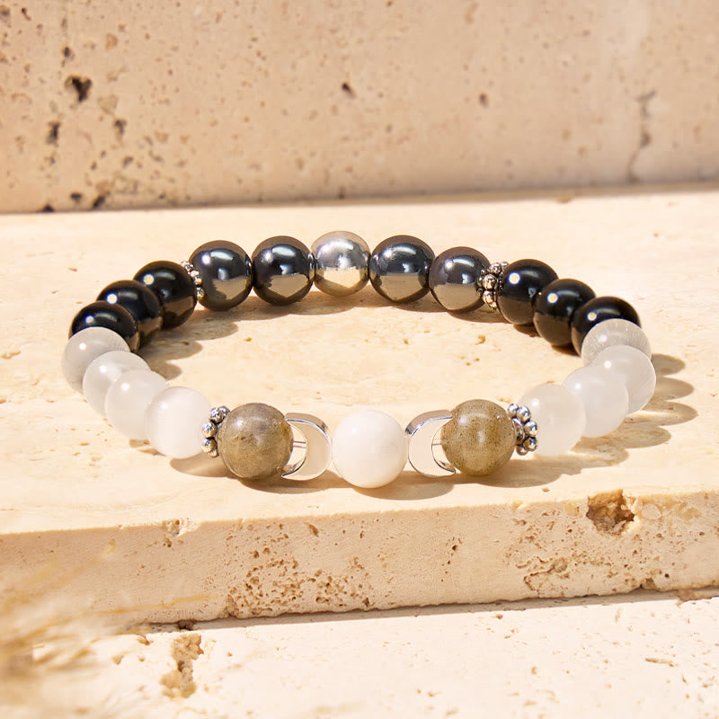 FuAttract Focus Protection Intuition Crescent Moon Cat's Eye Black Obsidian Moonstone Bracelet - image 2