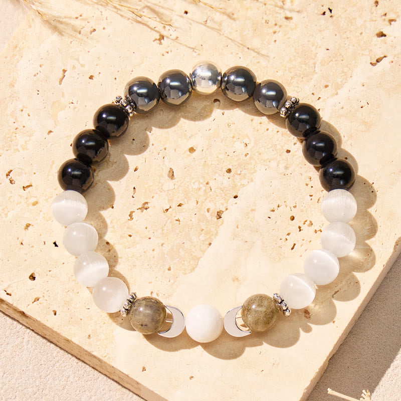 FuAttract Focus Protection Intuition Crescent Moon Cat's Eye Black Obsidian Moonstone Bracelet - image 1