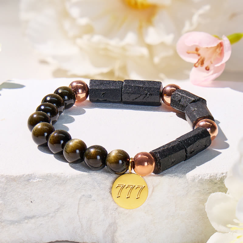 FuAttract Protection Clarity Angel Numbers Golden Obsidian Black Tourmaline Bracelet - 777 - image 0