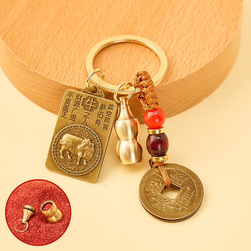 FuAttract Fortune Blessings Chinese Zodiac Guardian Calabash Cinnabar Brass Keychain - Ox - image 7
