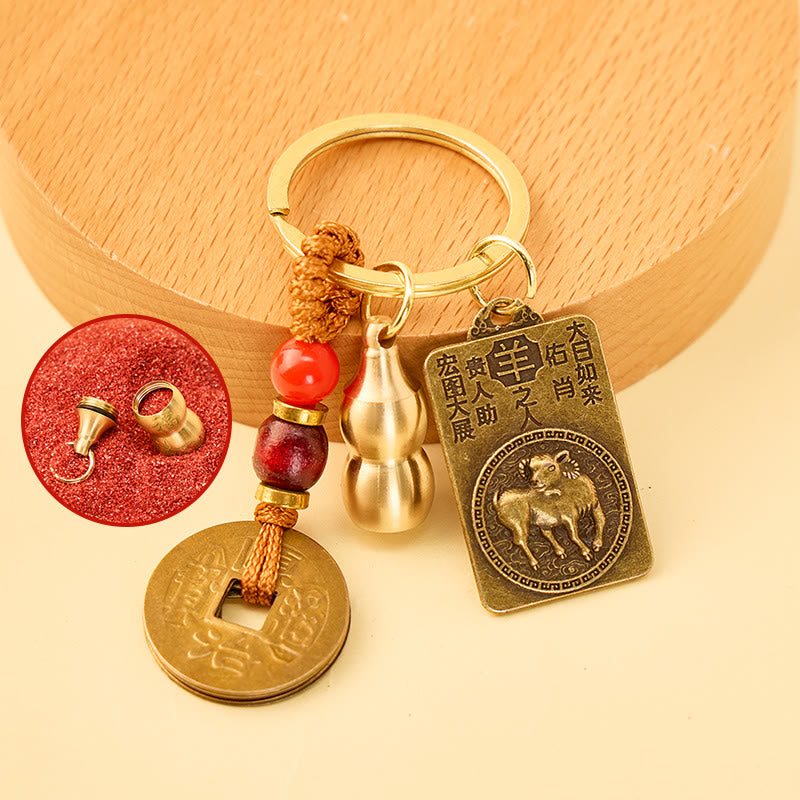 FuAttract Fortune Blessings Chinese Zodiac Guardian Calabash Cinnabar Brass Keychain - Goat - image 13