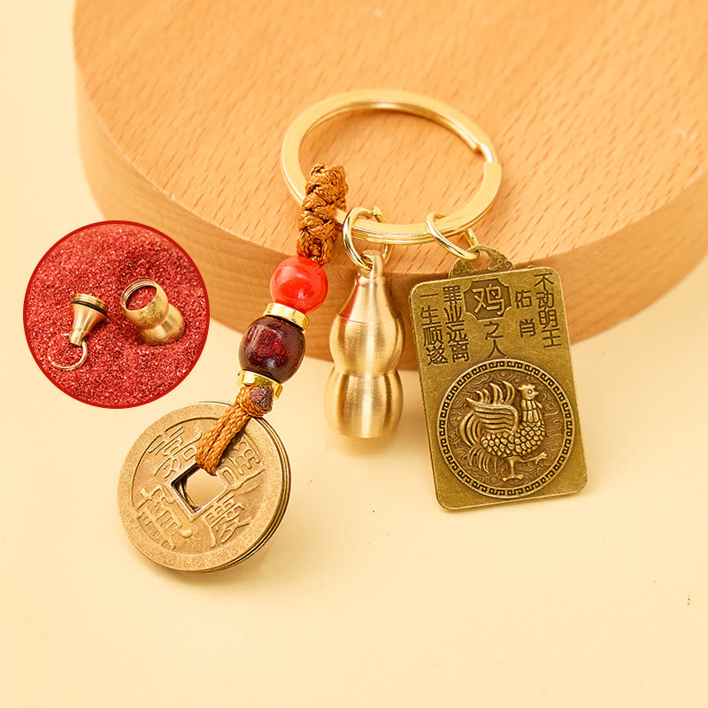 FuAttract Fortune Blessings Chinese Zodiac Guardian Calabash Cinnabar Brass Keychain - Rooster - image 14