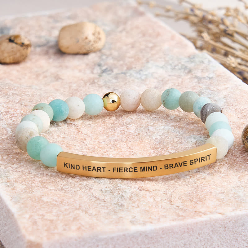 FuAttract Kind Heart - Fierce Mind - Brave Spirit Tube Bead Bracelet - Matt Amazonite - Gold - image 8