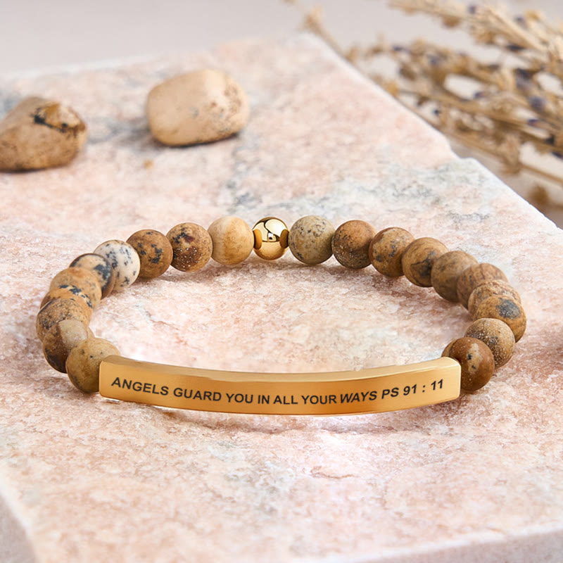FuAttract Angels Guard You In All Your Ways Psalm 91:11 Tube Bead Bracelet - Picture Jasper - Gold - image 46