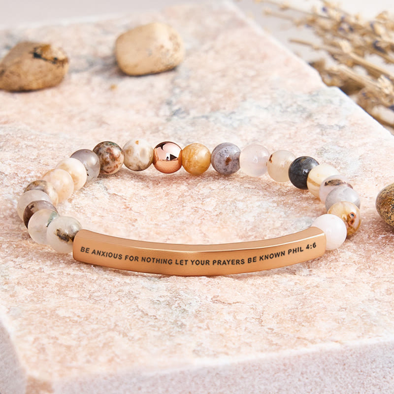 FuAttract Be Anxious For Nothing Let Your Prayers Be Known Phil 4:6 Tube Bead Bracelet - Bamboo Leaf Agate - Rose Gold - image 17