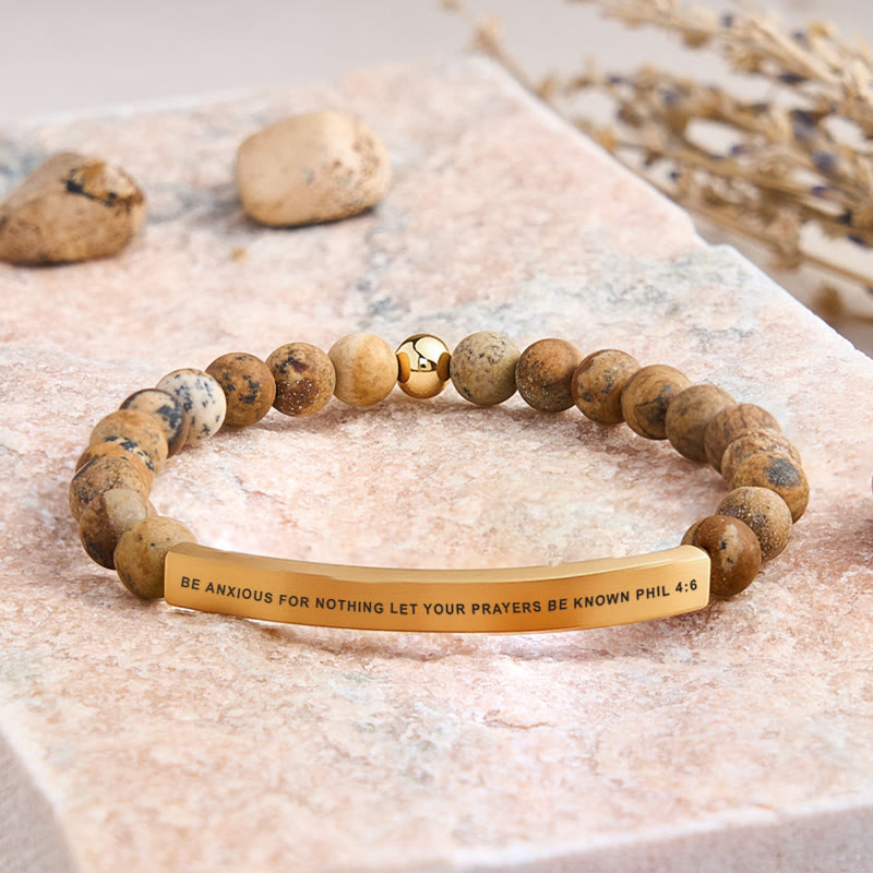 FuAttract Be Anxious For Nothing Let Your Prayers Be Known Phil 4:6 Tube Bead Bracelet - Picture Jasper - Gold - image 45