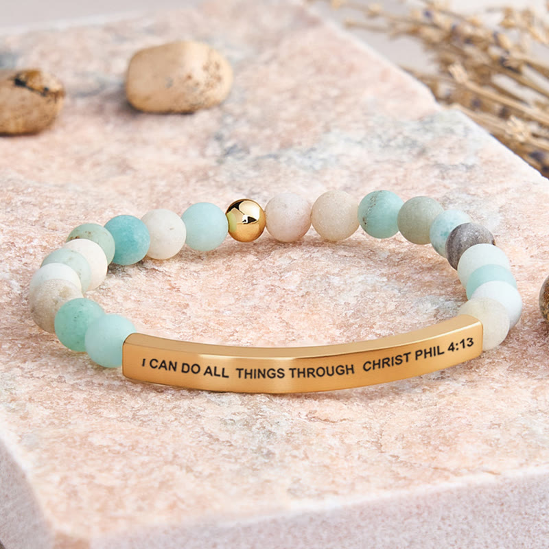 FuAttract I Can Do All Things Through Christ Phil 4:13 Tube Bead Bracelet - Matt Amazonite - Gold - image 2