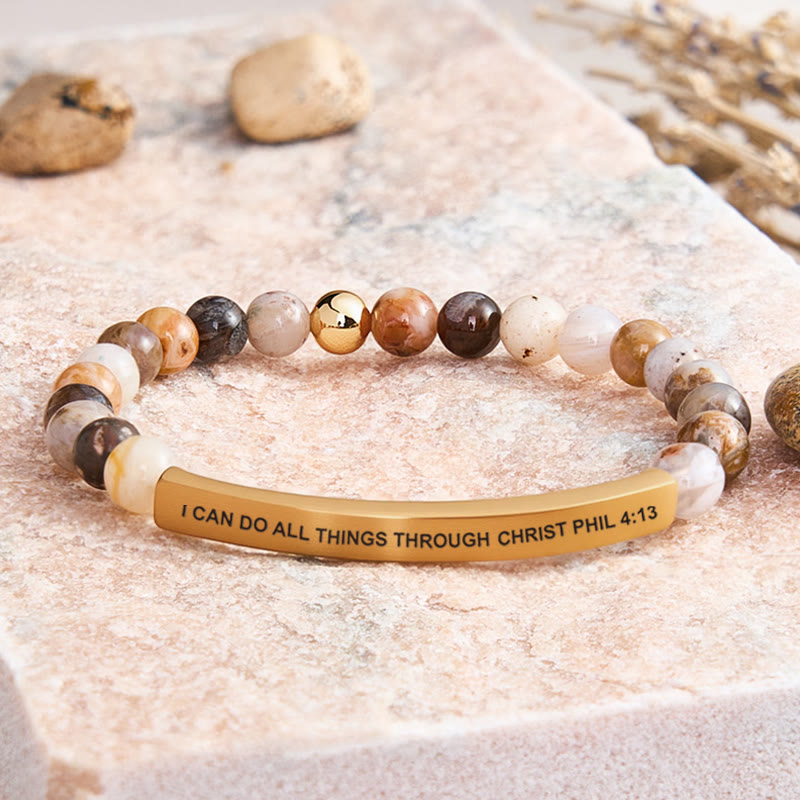 FuAttract I Can Do All Things Through Christ Phil 4:13 Tube Bead Bracelet - Bamboo Leaf Agate - Gold - image 20