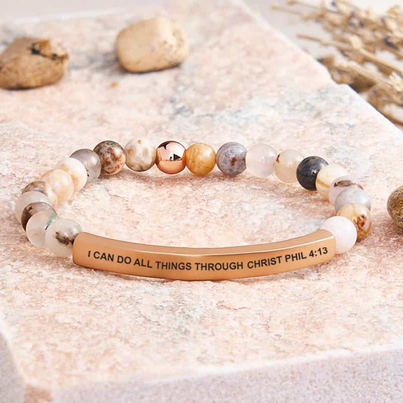 FuAttract I Can Do All Things Through Christ Phil 4:13 Tube Bead Bracelet - Bamboo Leaf Agate - Rose Gold - image 18