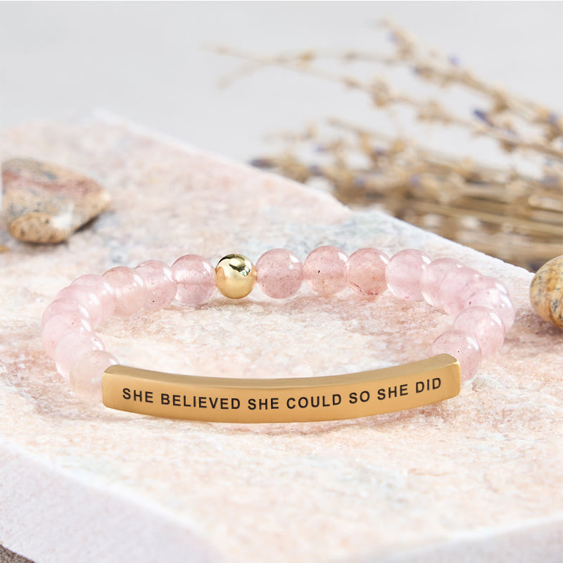FuAttract She Believed She Could So She Did Tube Bead Bracelet - Strawberry Quartz - Gold - image 2