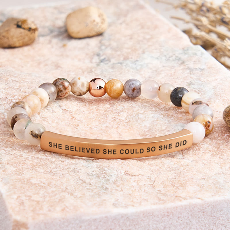 FuAttract She Believed She Could So She Did Tube Bead Bracelet - Bamboo Leaf Agate - Rose Gold - image 17