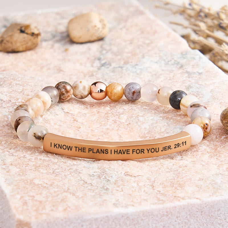 FuAttract I Know The Plans I Have For You Jer. 29:11 Tube Bead Bracelet - Bamboo Leaf Agate - Rose Gold - image 21