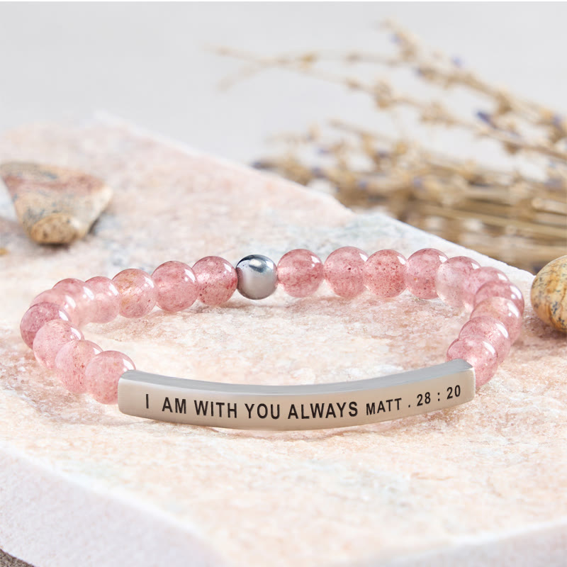FuAttract I Am With You Always Matt. 28:20 Tube Bead Bracelet - Strawberry Quartz - Silver - image 18
