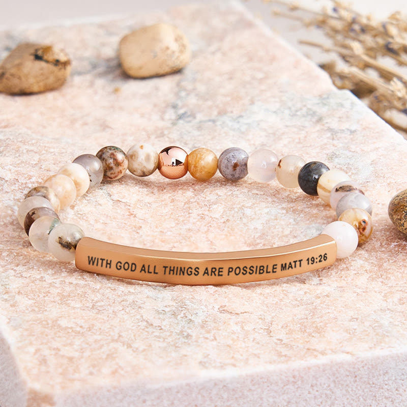 FuAttract With God All Things Are Possible Matt 19:26 Tube Bead Bracelet - Bamboo Leaf Agate - Rose Gold - image 20