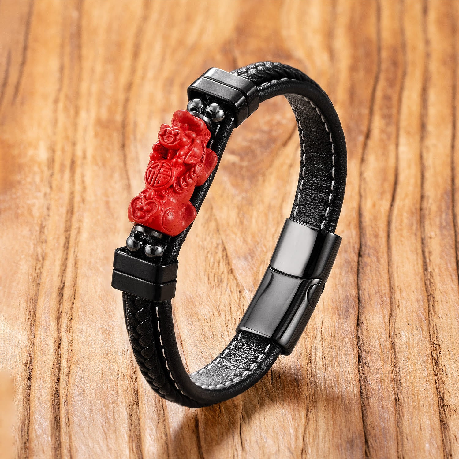FuAttract Success & Protection Pixiu on Cinnabar Leather Bracelet - Style 2 - 23cm - image 5