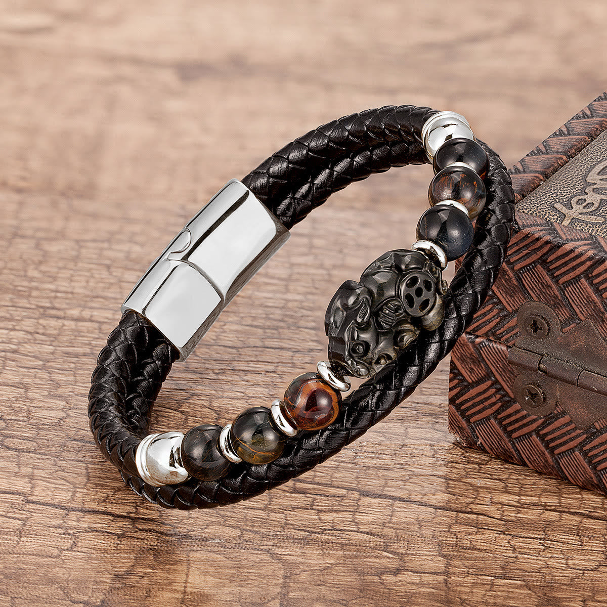 FuAttract Courage & Wealth & Protection Tiger's Eye Pixiu Leather Bracelet - Black Tiger's Eye - Silver - 23cm - image 11