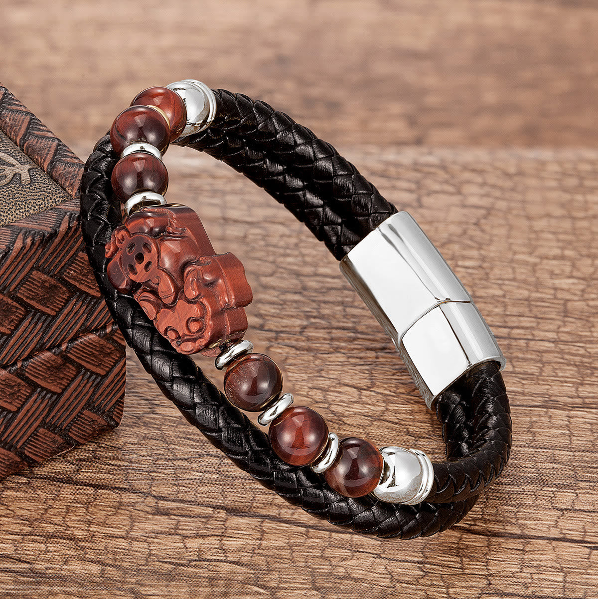 FuAttract Courage & Wealth & Protection Tiger's Eye Pixiu Leather Bracelet - Red Tiger's Eye - Silver - 23cm - image 13