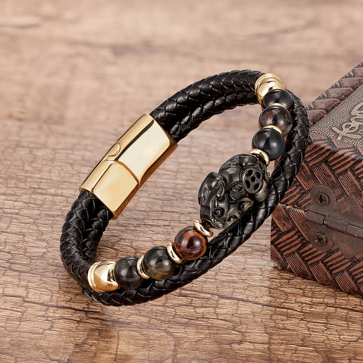 FuAttract Courage & Wealth & Protection Tiger's Eye Pixiu Leather Bracelet - Black Tiger's Eye - Gold - 23cm - image 10