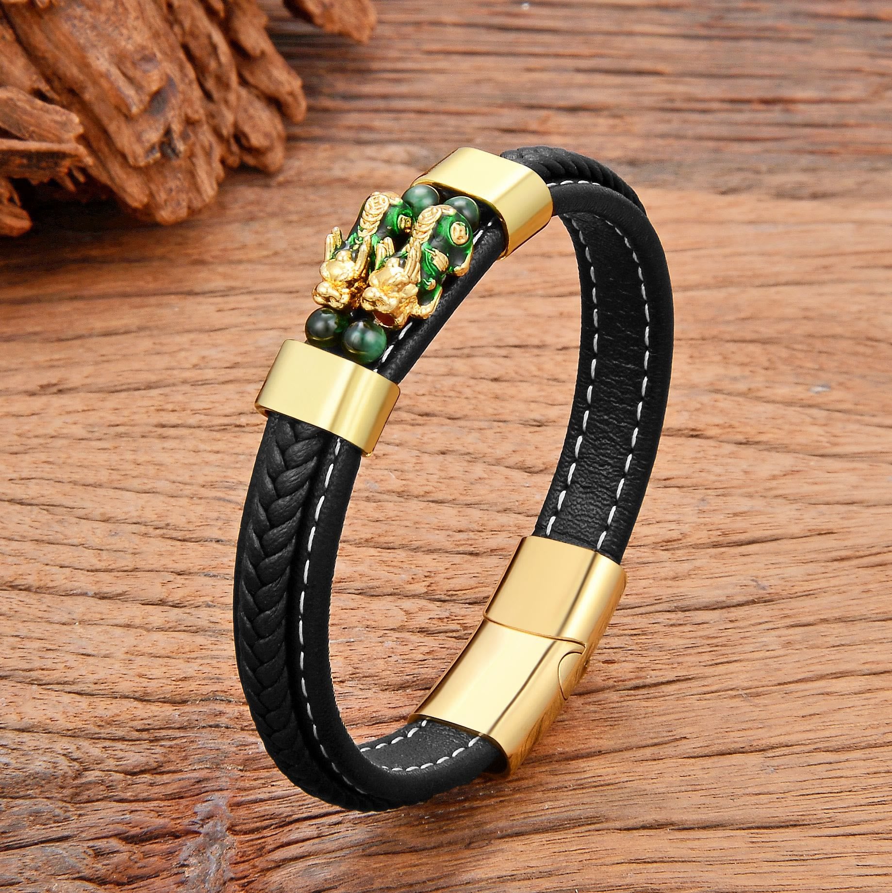 FuAttract Wealth & Protective Energy Pixiu Stainless Steel Leather Bracelet - Green - 23cm - image 6