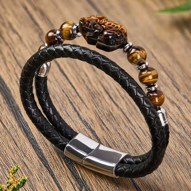 FuAttract Courage & Wealth & Protection Tiger's Eye Pixiu Leather Bracelet - image 1