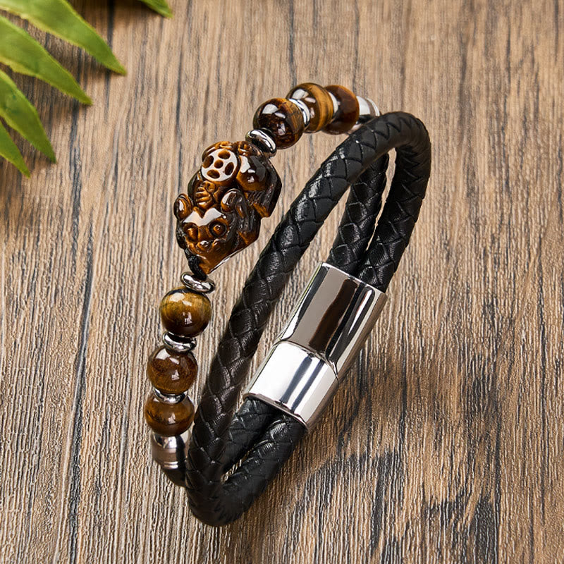 FuAttract Courage & Wealth & Protection Tiger's Eye Pixiu Leather Bracelet - Yellow Tiger's Eye - Silver - 23cm - image 0