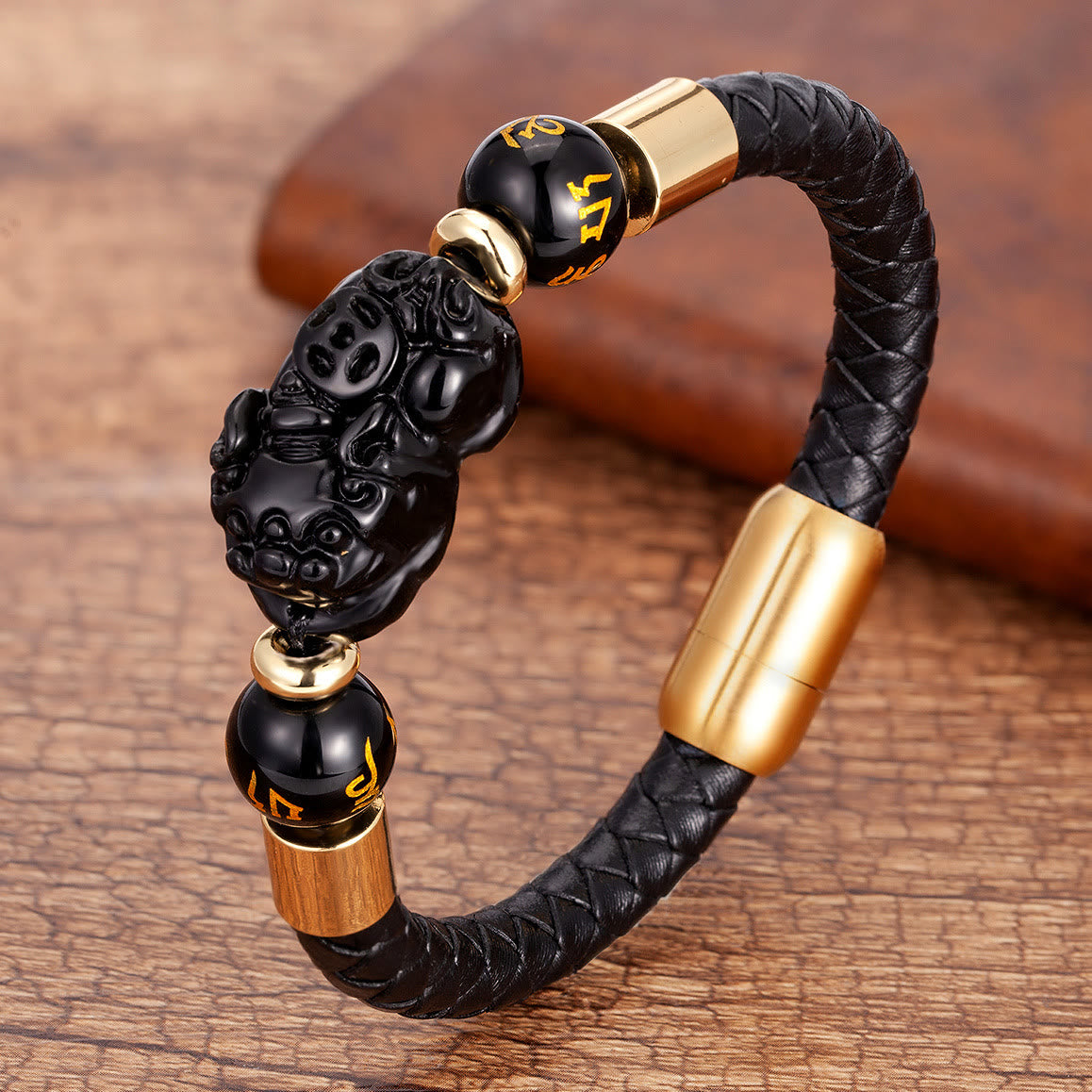 FuAttract Wealth & Protection Pixiu Om Mani Padme Hum Stainless Steel Leather Bracelet - Black Obsidian - Gold - 23cm - image 10
