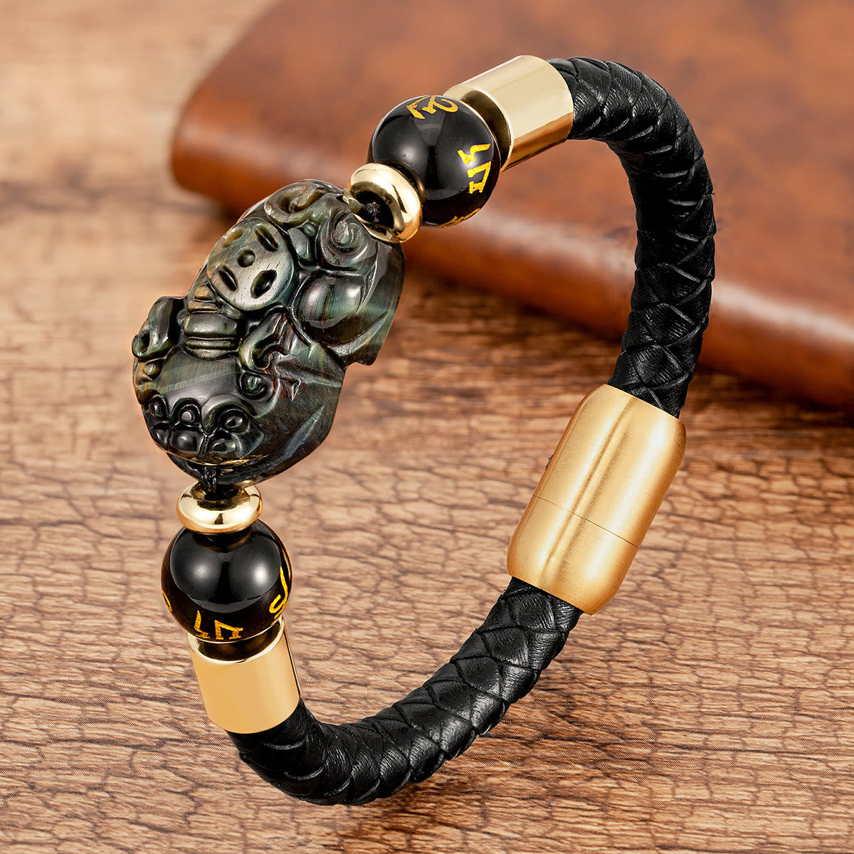 FuAttract Wealth & Protection Pixiu Om Mani Padme Hum Stainless Steel Leather Bracelet - Golden Obsidian - Gold - 23cm - image 16