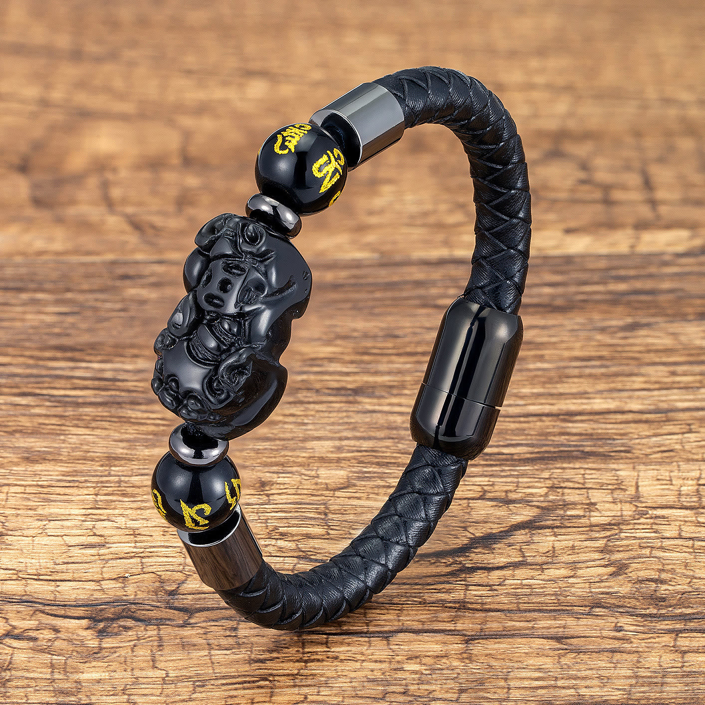 FuAttract Wealth & Protection Pixiu Om Mani Padme Hum Stainless Steel Leather Bracelet - Black Obsidian - Black - 23cm - image 11