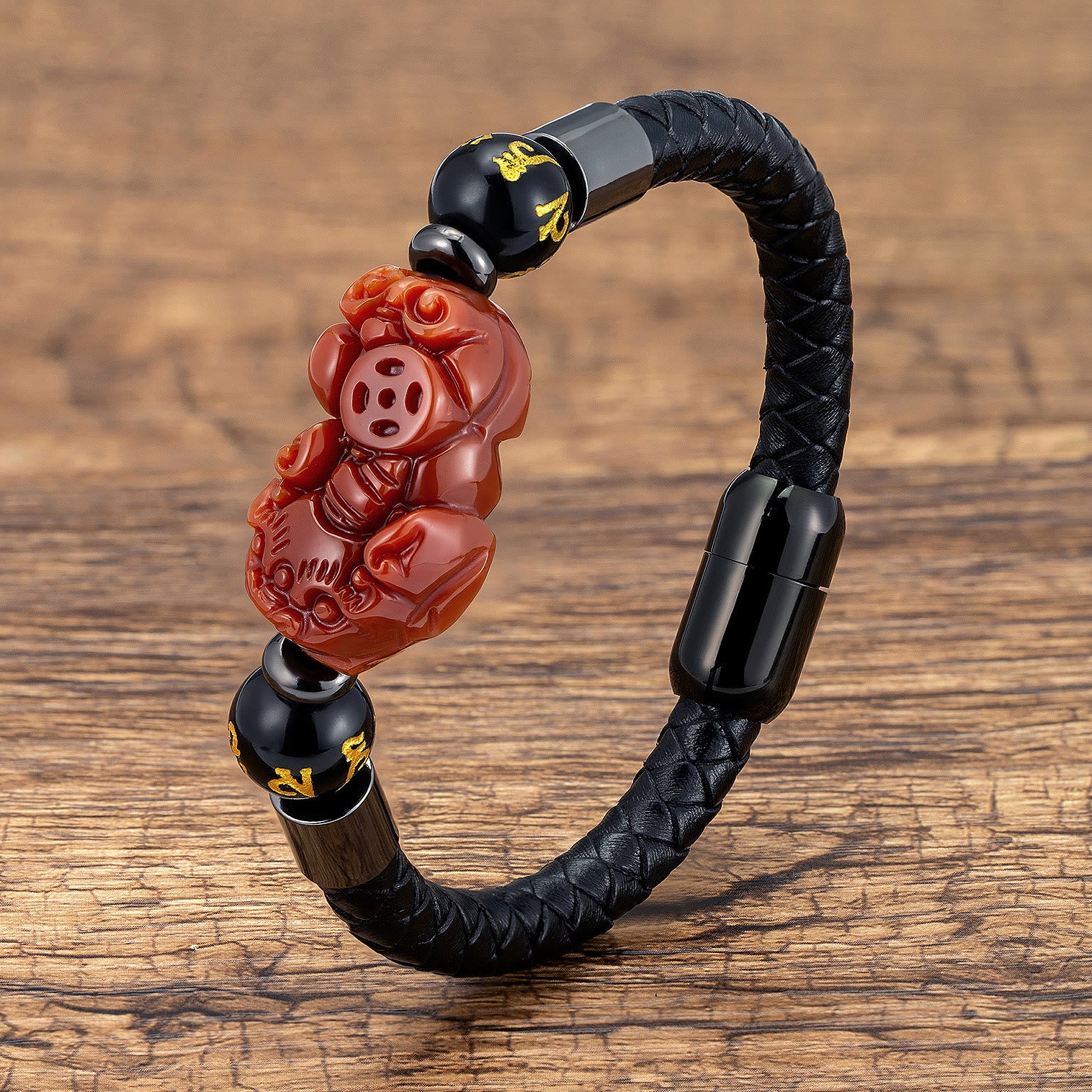 FuAttract Wealth & Protection Pixiu Om Mani Padme Hum Stainless Steel Leather Bracelet - Red Agate - Black - 23cm - image 14