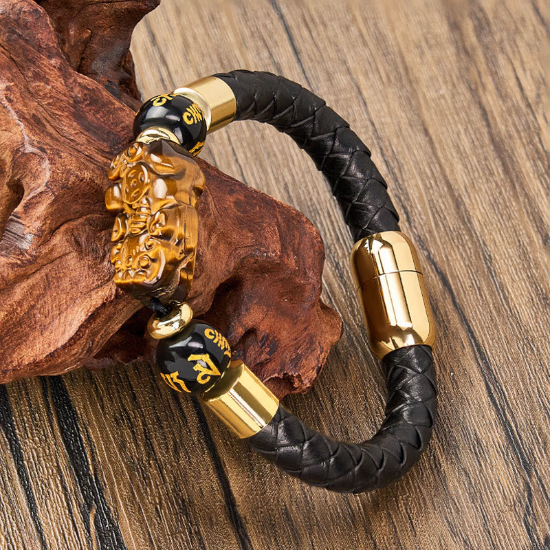 FuAttract Wealth & Protection Pixiu Om Mani Padme Hum Stainless Steel Leather Bracelet - image 1