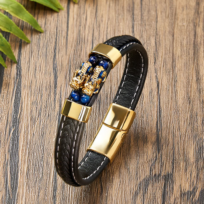 FuAttract Wealth & Protective Energy Pixiu Stainless Steel Leather Bracelet - Blue - 23cm - image 0